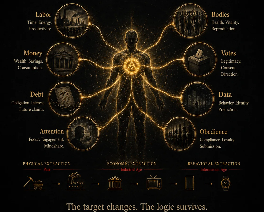 Eight forms of yield radiating from a human figure, then physical, economic, and behavioral extraction. The target changes. The logic survives.